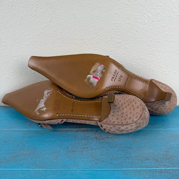 PRADA Tan Ostrich Suede Stitched Pointed Toe Kitten Heels Size 37.5 US 7.5 - Picture 11 of 12
